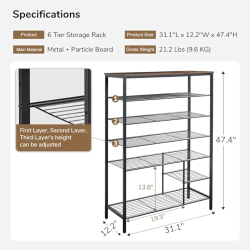 6 Tier Shoe Rack Organizer, Metal Mesh Shoe Storage Shelf, Storage Boots .for Entryway, Closet,Hallway, Bedroom,Cloakroom,Garage, Industrial,Rustic Brown - size: 6-Tier