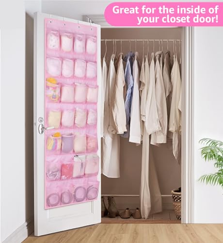 MISSLO Kids Over the Door Shoe Organizer Pink Hanging Shoe Rack Baby Toddler Hanging Shoe Organizer Cute Shoe Holder Girl Room Decor 28 Pockets - color: Pink, size: 22.6x65