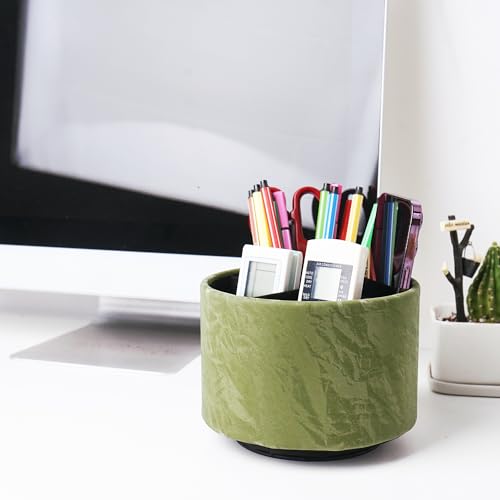 Hennaja Round Leather Art Supply Organizer,Remote Control Holder,360 Degree Spinning,Multi-Functional Pencil Holder,4 Compartments Desktop Stationary Organizer(1-Hill Green) - color: 1-Hill Green