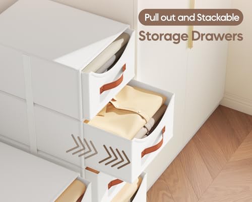 Homsorout Stackable Storage Drawers - Collapsible Storage Bins with Drawers, 4 Pack Closet Shelf Organizer Basket, Fabric Pull Out Organizer for Bedroom, Living Room, Dorm, White - color: White, size: 13.7 Inch. - 4 Pack