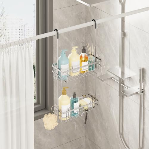 Consumest Over the Door Shower Caddy - 2-Tier Hanging Shower Organizer with Soap Holder, Rustproof Bathroom Storage and Organizer Rack for Shampoo, Towels, and Toiletries, Sand Nickel - color: Sand Nickel, size: 2 Tier-Shower Door