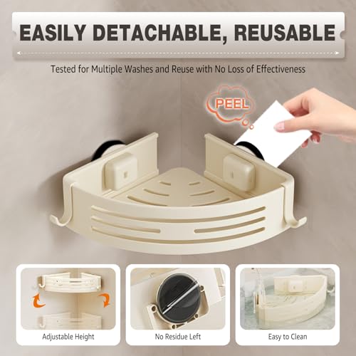 Conworld Corner Shower Caddy Suction Cups, Corner Shower Shelf With a Towel Bar, Shower Organizer Suction for Bathrooms Storage with Hooks, No-Drilling Removable (Aluminum, 2-Pack, Cream) - style: Cream