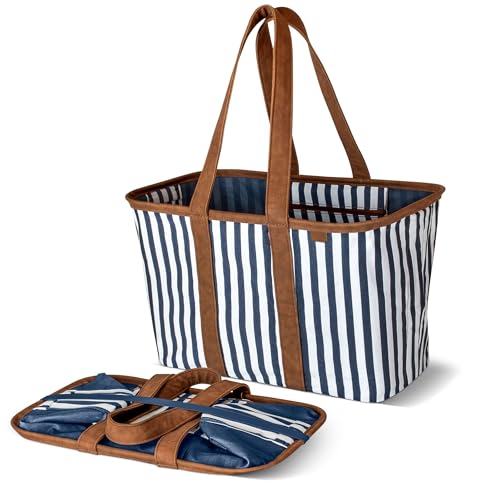CleverMade Collapsible LUXE Tote - Reusable Grocery Shopping Storage Bag Organizer w/Handles Reinforced Bottom - color: Navy Stripe