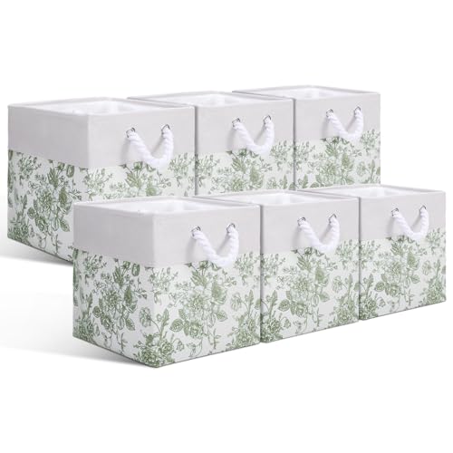 LemonRoad 6 Pcs Sage Green Cube Storage Bins 11.22 Inch Square Storage Basket with Handle Preppy Girl Organizer Basket Collapsible Fabric Box for Classroom Bedroom Office Home Decoration Gift - color: Sage Green, size: 11.22 Inch, style: Floral