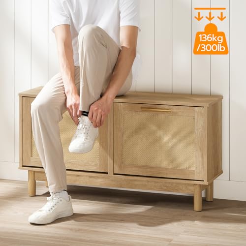 HOOBRO Shoe Storage Bench, Rattan Entryway Bench with 2 Flip Drawers, 39.4'' Hidden Shoe Cabinet with Adjustable Shelves, Comfort Seat Holds 300lb, Large Capacity Fits 8-12 Pairs, Natural NL51HX01 - color: Natural