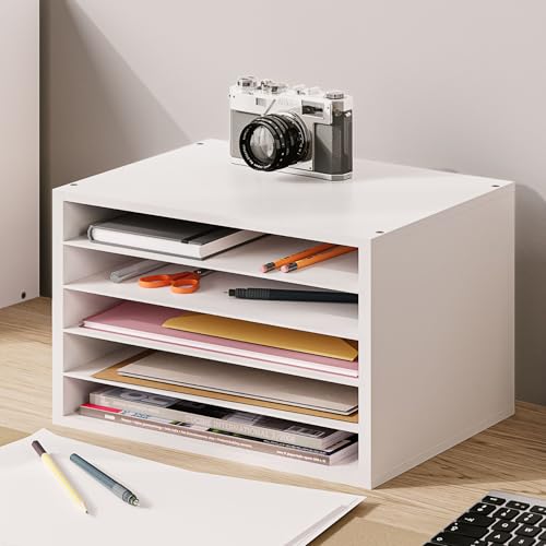 Ballucci 5 Tier Paper Organizer Letter Tray, Wood Desk File Organizer with Adjustable Shelves, Home Office School Letter/A4 Mail Sorter Magazine Holder - White - color: White, size: 5 Tier Standard