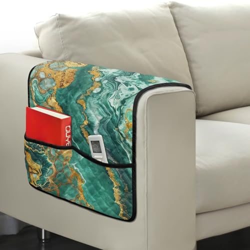 Green Gold Marble Print Sofa Arm Rest Cover Washable Armchair Slipcovers Stain Resistant Furniture Protectors 44x20 inch Couch Arm Protector - color: Green Gold Marble