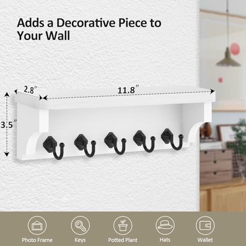 Nekon Key Holder for Wall, 11.8" W x 3.5" H x 2.8" D Decorative Key Organizer with Floating Shelf, Wall Mount Key Rack with 5 Hooks (Rustic White) - color: Rustic White