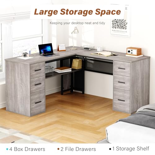 HSH Large L Shaped Desk with Storage File Cabinet，Corner L-Shaped Computer Desk with Drawers Shelves, Home Office Bedroom Metal Wood Study Writing Table Executive Workstation, Light Grey Oak, 59 Inch - color: Light Grey Oak