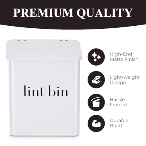 Magnetic Lint Bin with Lint Brush, Two White Hooks, one Black Back Side Hook & All Accessories for Laundry Room Decor, Wall-Mounted Lint Bin with Lid, White Powder Coated, Space-Saving Trash Can - color: White