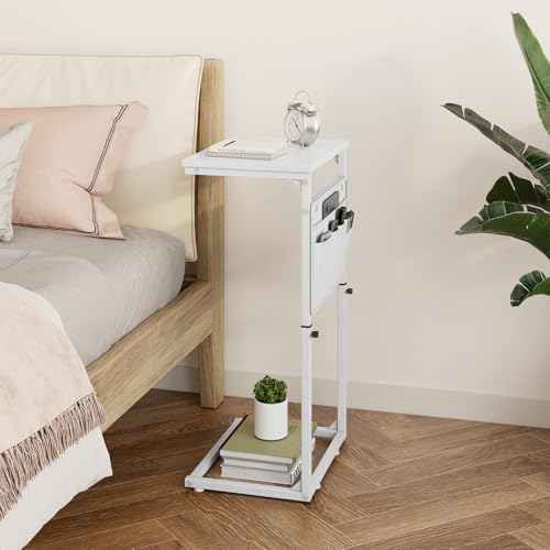 Vagusicc C Shaped End Table, 33" Tall Side Table for Couch, Adjustable Height Small Couch Side Table for Small Spaces, C Table End Table Slide Under Sofa Table TV Tray for Living Room Bedroom, White - color: White