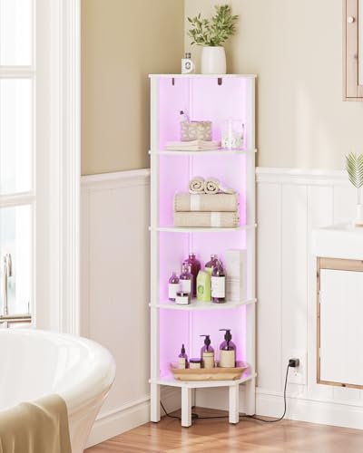 Corner Shelf Stand, 5 Tier Corner Bookshelf with Led Light,Corner Furniture for Bedroom Display Corner Shelf for Small Space,Wood Shelves with Storage Rack for Living Room,Office,White - color: White&led Light