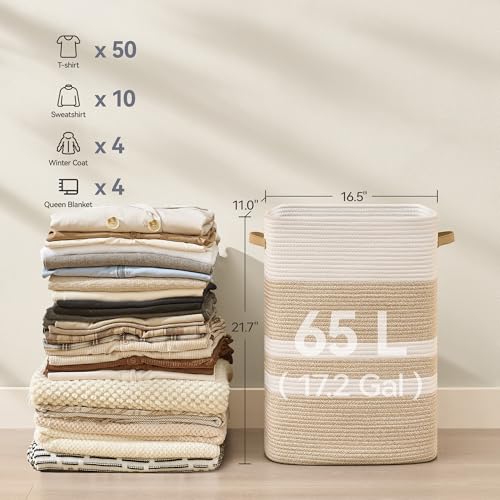 Nunsino Laundry Hamper,Laundry Basket with Leather Handles,Woven Storage Basket for Toys,Pillows,Blankets,Clothes,Brown&White - color: Brown&White, size: 65 L