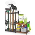 DAOUTIME Garage Tool Organizer with 2-tier Wooden Shelves, Yard Tool Organizer for Garage with 6 Hooks, Heavy duty Steel Garden Tool Rack Holds up to 35 Long Handled Yard tools for Storage, Black - size: 5 Tier