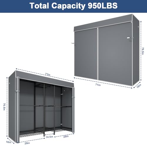 Ulif E12C Pro Heavy Duty Closet Organizer System，Freestanding Clothing Racks for Hanging Clothes，Adjustable Garment Rack 71"W x 16"D x 76.5"H Hold 960lbs，Black Clothing Rack with Grey Dustproof Cover - color: Black Rack With Grey Cover, size: E12C Pro