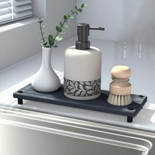Quick Dry Sink Caddy Kitchen Sink Organizer, Water Absorbing Stone Tray for Sink, Stone Drying Tray, Diatomite Faucet Mat & Protector, Dispenser Sponge Holder, Stone Soap Tray for Bathroom Counter - color: Dark Gray Metal Foot Wave Large