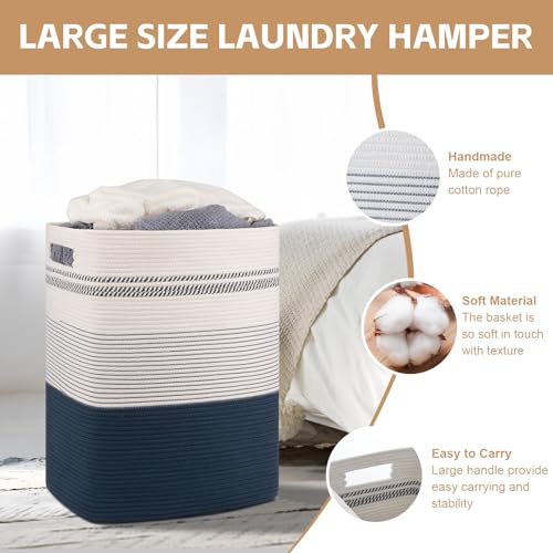 80L Large Cotton Rope Laundry Basket for Bedroom & Laundry Room, Tall Clothes Hamper with Sturdy Handles, Neutral Storage Bin Capable of Holding Blankets and Toys - color: Dark Blue& White, size: 80L
