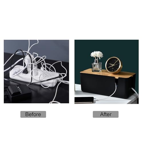 Changsuo Cable Management Box with Bamboo Lid Small Cable Organizer Box for Extension Cord Power Stripe Surge Protector Wire Management Concealer Organizer Cover Hider (Black) - color: Black