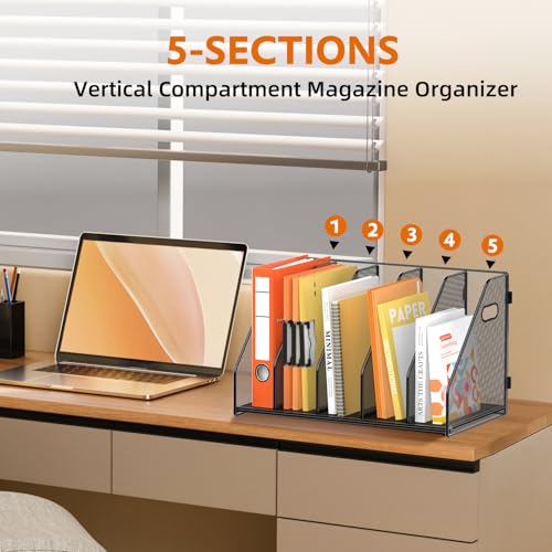 SUPEASY Binder Organizer, Magazine File Holder with 5 Vertical Compartments Rack, Metal Desk File Organizer & Binder Holders, Magazine Organizers for Office Desktop, Home, School, Classroom (Black) - color: Black, size: 5Rack
