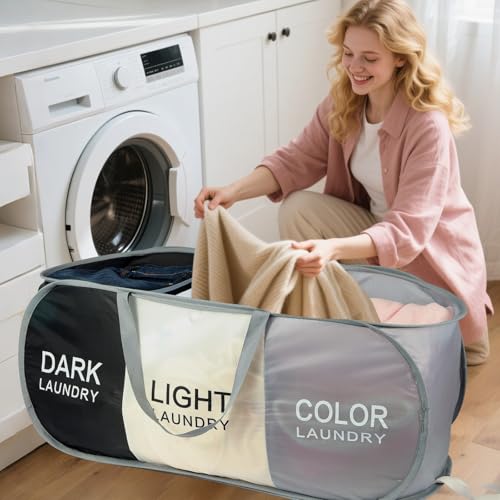 Seefoo 3-Section Foldable Hamper for Laundry, Collapsible Laundry Baskets with Easy Carry Handles, Space-Saving Clothes Pop Up Hamper with Dark/Light/Color Sorting Labels for Home, Travel, Dorm - style: 3 Compartment
