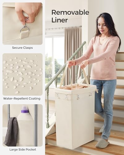 SONGMICS Laundry Basket with Wheels, Rolling Laundry Hamper, 23.8 Gallons (90 L), Removable Liner, Steel Frame with Handle, 24 x 11.4 x 31.9 Inches, Cream White URLS003W01 - color: Cream White, size: 90 L (1-Section), style: Rectangular with handle