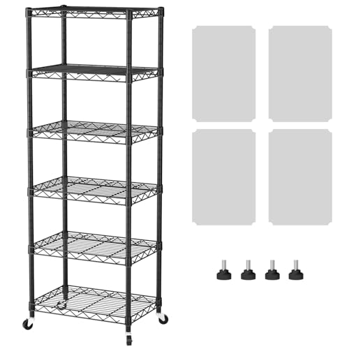SINGAYE 6 Small Shelf Storage Wire Shelves Closet Bathroom Organizers Metal Pantry Kitchen Garage Shelving Unit Laundry Room Organization Home Narrow Rack Net Basket with Wheels Black - color: Black, size: 6Tier/11.5"D X 17.5"W X 61.5"H