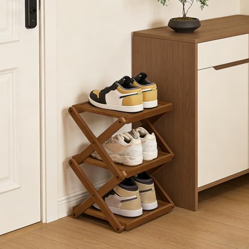 YYW Shoe Rack, Foldable Bamboo Shoes Shelf, Freestanding Shoe Storage Organiser for Entryway, Bedroom, Closet, Hallway - Functional, Natural Shoe Rack (Brown, 3 Layers) - color: Brown, size: 3 layers