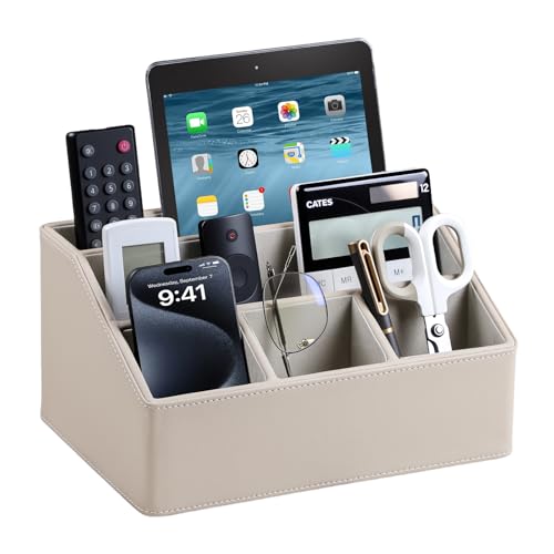 PU Leather Desk Organizer, Luxury Remote Control Holder for Home, Office Desk Accessories Table Caddy Bedside Nightstand Organizer (Dark Beige) - color: Dark Beige