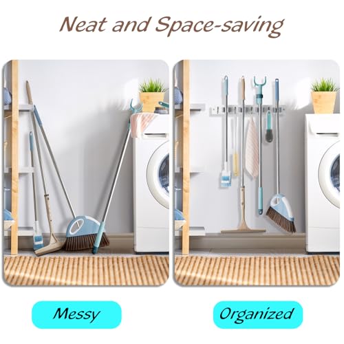 OUTNILI White Mop Broom Holder Wall Mount with 4 Slots & 4 Hooks - Wood Broom Mop Hanger for Pantry Closet Laundry Room Organization - Heavy Duty Garden Tool Organizer - White Kitchen Decor - color: White-4 Grips, size: 1 Pack