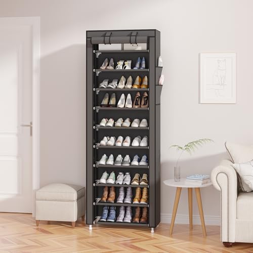 UDEAR 10-Tier Free Standing Shoe Rack Sturdy Shoe Rack Organizer for Closet Entryway Stackable Shoe Shelf with Dustproof Cover,Grey - color: Grey