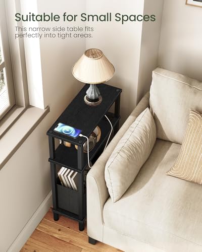 CHOEZON Small Narrow Side Table with Charging Station, Skinny End Table with Fabric Basket, Slim Nightstand for Small Spaces, Sofa Side Table, for Living Room, Bedroom, Black TBZ07UBB - color: Black