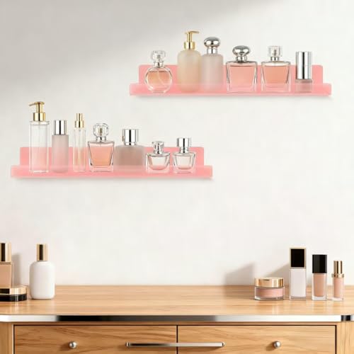 Dezzer 6 Pack Acrylic Shelves for Wall, 15" Acrylic Floating Shelves for Bathroom Bedroom, Invisible Bookshelf Wall Ledge Storage Shelf Books Perfume Toys Action Figure Display Shelves, Pink - style: 15 inch 6-pack Pink