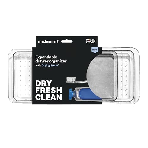 madesmart Expandable Dental Tray Drawer Organizer with Drying Stone, Clear Plastic Organizer for Toothbrush, Dental Floss, Water Flosser, Mouthwash - size: Expandable