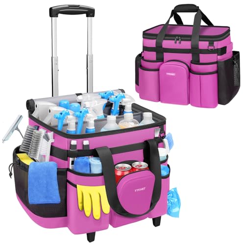 Ytonet Cleaning Caddy with Wheels, Large Rolling Caddy Bag with Detachable Trolley for Housekeepers, Water Resistant Cleaning Cart Supplies Organizer for Home, Car, Tool Organizer, Mobile Storage - color: Rose Red, size: X-Large