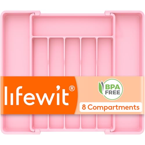 Lifewit Silverware Drawer Organizer, Expandable Utensil Tray for Kitchen, BPA Free Flatware and Cutlery Holder, Adjustable Plastic Storage for Spoons Forks Knives, 10.9"-17.5" x 13.7", Pink - color: Pink, size: Large (11-18''W x 14''D)