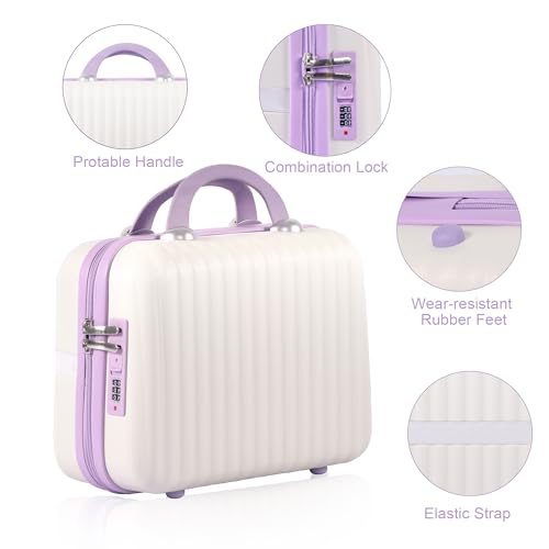 14 Inch Makeup Train Case Portable Hard Shell ABS Cosmetic Travel Case with Security Lock Large Toiletry Organizer Box with Elastic Strap for Suitcase Handle Travel Essentials Gift for Women - color: Beige+Purple, size: 14 Inch