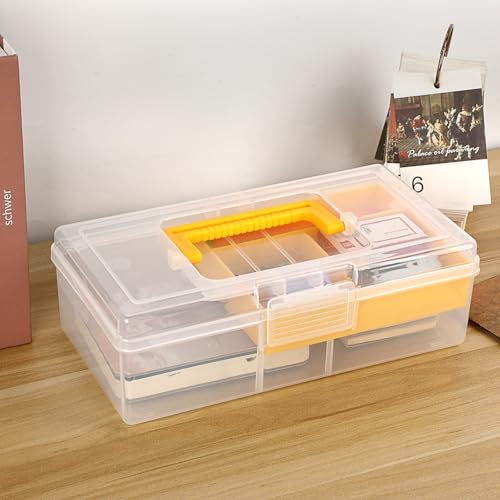 JUXYES Plastic Carry Storage Box with Removable Dividers, Clear Art Craft Supply Storage Bin Sewing Box With Handle Lid, 2 Layers Stationery Storage Case for School/Office Supplies - color: Yellow