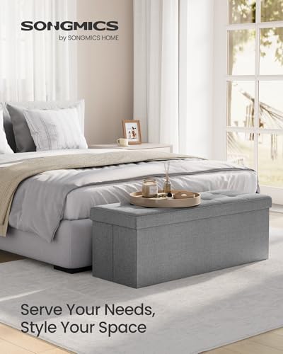 SONGMICS MAZIE Collection - 43 Inches Folding Storage Ottoman Bench, Ottoman Foot Rest, End of Bed Bench, Storage Chest, Load 660 lb, for Living Room, Bedroom, Entryway, Light Gray ULSF77G - color: Light Gray, size: 15"D x 43"W x 15"H
