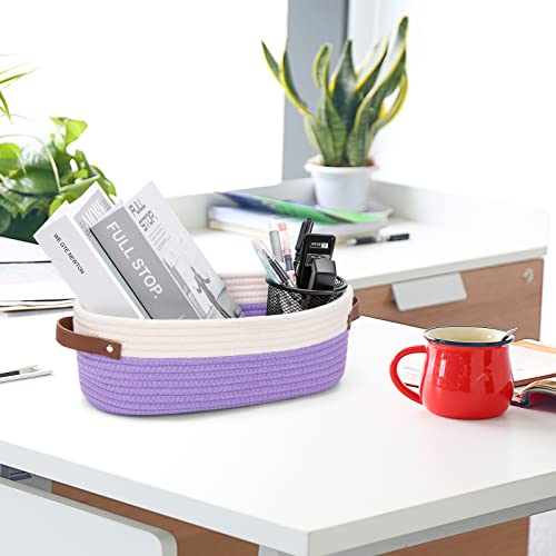 Bathroom Countertop Organizer Basket, Cotton Rope Woven Storage Basket Toilet Paper Decorative Basket for Bathroom, Bedroom, Living Room, Entryway 13"x6.3"x4.3" (Off White/Purple) - color: Off White & Purple