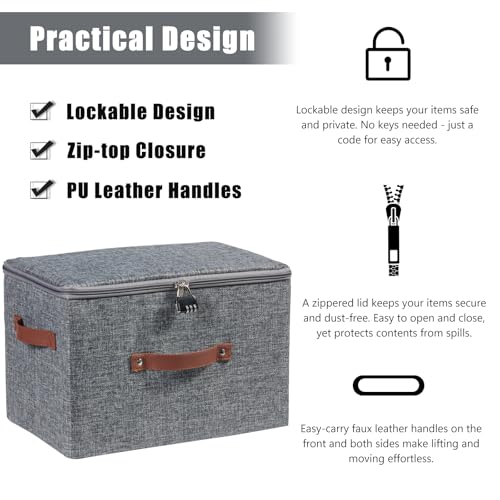 Storage Bins Boxes with Zipper Lid Combination Lock PU Leather Handles Cotton Linen Fabric Lidded Lockable Baskets Foldable Washable Closet Shelf Organizer Container (Gray, Large) - color: Gray, size: Large ( Set of 1 )