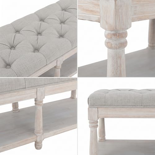 chairus Shoe Rack Bench Storage Vintage Bedroom Padded Bench Seat End of Bed, Fabric Tufted Farmhouse French Entryway Bench with Wood Legs for Hallway Foyer, Beige - color: Beige, size: 45.5 Inches Seat