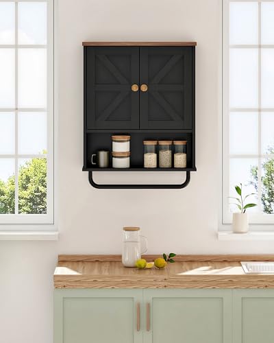 CHOEZON Bathroom Wall Cabinet, Medicine Cabinet with Open Partition and Towel Bar, Rustic Storage Cabinet with Open and Hidden Storage Space, for Bathroom, Living Room, Kitchen, Black and Walnut - color: Black and Walnut, size: 7.1"D x 18.9"W x 24.8"H