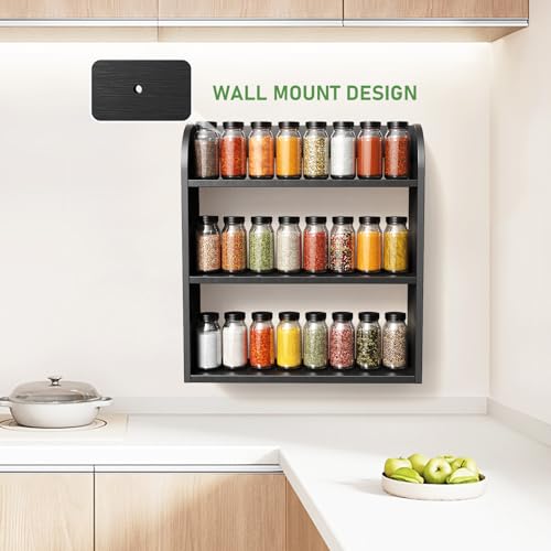 ROMGUAR CRAFT 3 Tier Bamboo Spice Rack, Countertop or Wall Mounting Wood Spice Jars Organizer Shelf for Kitche, Pantry (Black) - color: Black, size: 3 Tier