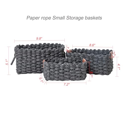 Paper rope Small Storage baskets for Organizing,Cute woven Little basket for Home，Shelves, Bathroom,Decorative basket,Set of 3 (Black) - color: Black