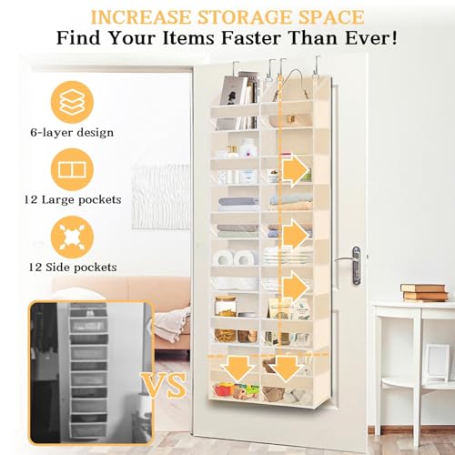 2 Pack Over The Door Organizer 6 Tiers, Extra Large Behind Door Storage of 12 Compartments, 80 lbs Weight Capacity Hanging Storage Organizer with Clear Window Kids Toys,Shoes (6 Tiers - Beige) - color: Beige - 6Tiers - 2 Pack