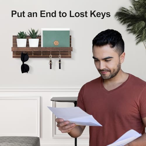 Lwenki Decorative Key Holder for Wall with Shelf, Entryway Shelf with Hooks Holds Leashes, Jackets and Glasses – Sturdy Wood Keyholder Entrance Hanger with Mounting Hardware (Brown, Large) - color: Brown, size: Large