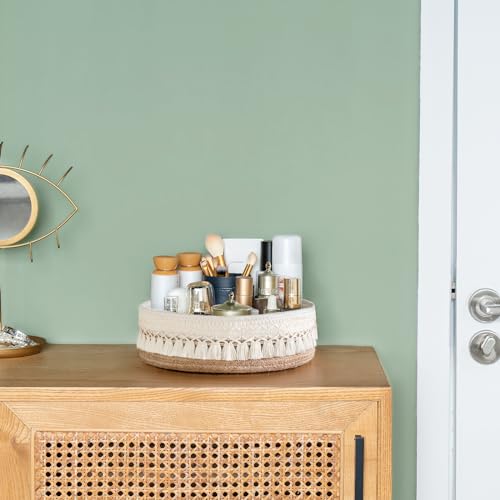 Mkono Makeup Perfume Holder Organizer Macrame Decorative Woven Rope Basket Boho Decor Cosmetics Desk Storage Baskets for Dresser Skin Care Lotions Essential Oils Dorm Room Essentials,Yellow and White - color: Yellow and White