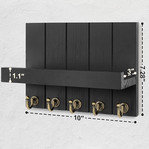 Rebee Vision Farmhouse Key Holder Wall Mount - Modern Key Holder for Living Room and Mail Organizer with Shelf & Hooks for Apartment Essentials - Home Decor Aesthetic (Black, 3.54"D x 10"W x 7.28"H) - color: Black, size: 10 Inch