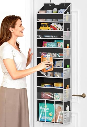Over The Door Organizer Hanging - 6 Shelf Over Door Organizer with 6 Clear Front & 12 Side Pockets - 50LB Load Behind Storage for Closet Bedroom Bathroom Nursery Baby Essentials(Black) - color: Black