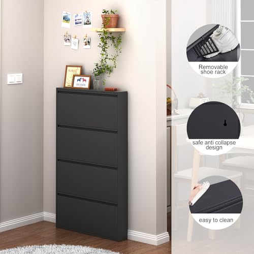 LUCYPAL Shoe Cabinet with 4 Flip Drawers,Slim Shoe Storage Cabinets for Entryway,Black Narrow Wall Shoe Cabinet for Hallway,Living Room, Bedroom - color: Black, size: 4 Drawers